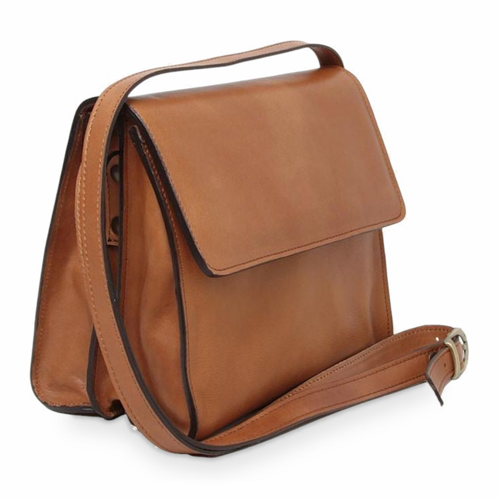Borsa a tracolla Vetrina Fiorentina artigianale in pelle di vitello color coloniale con patta e tracolla regolabile