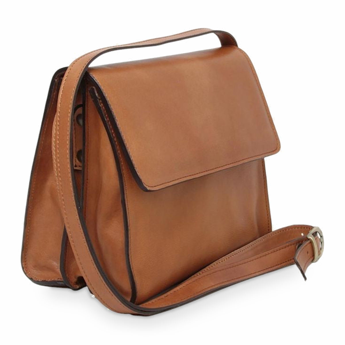 Borsa a tracolla Vetrina Fiorentina artigianale in pelle di vitello color coloniale con patta e tracolla regolabile