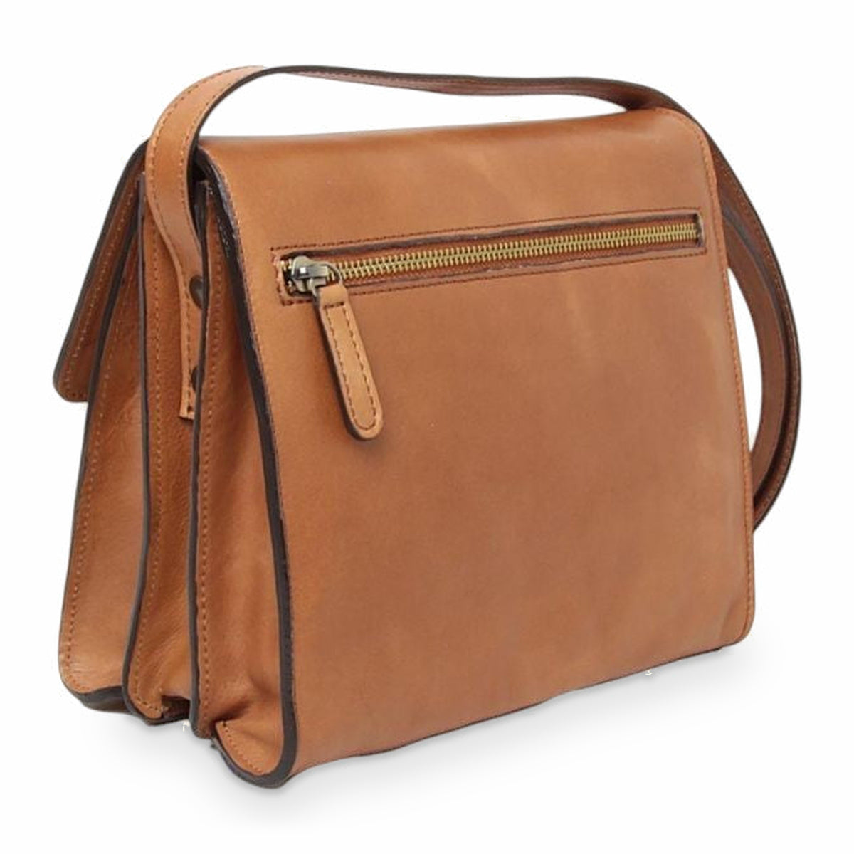 Borsa a tracolla Vetrina Fiorentina artigianale in pelle di vitello color coloniale con tasca posteriore con zip