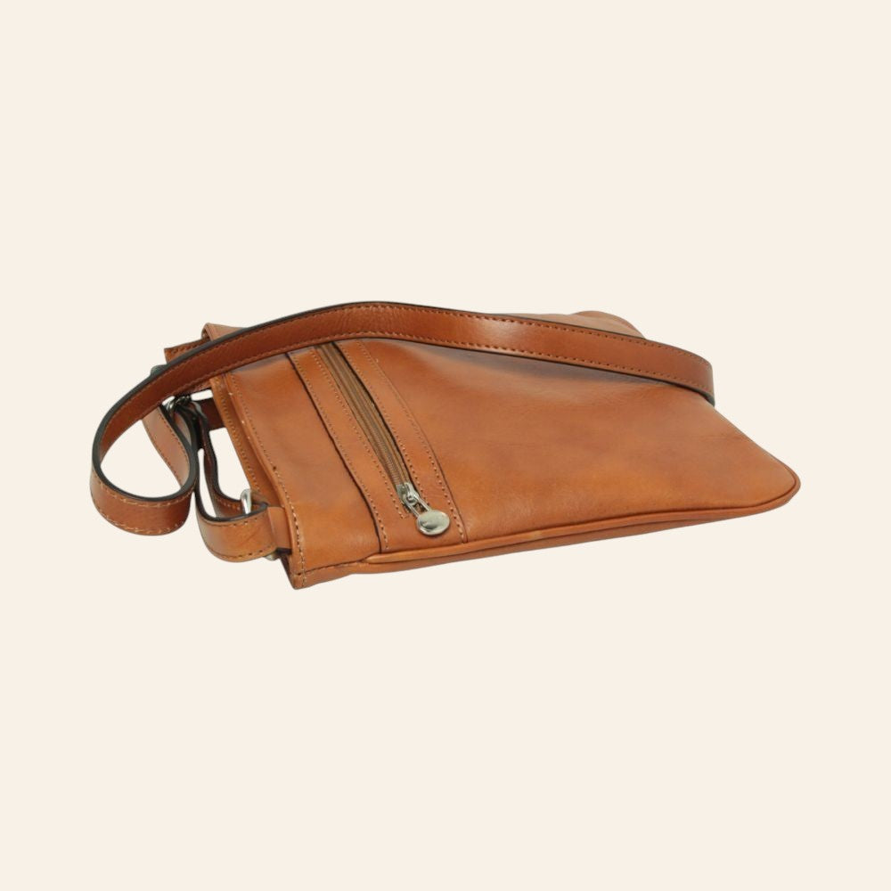 Borsa a tracolla Vetrina Fiorentina in pelle di vitello color coloniale con tasca esterna e tracolla regolabile