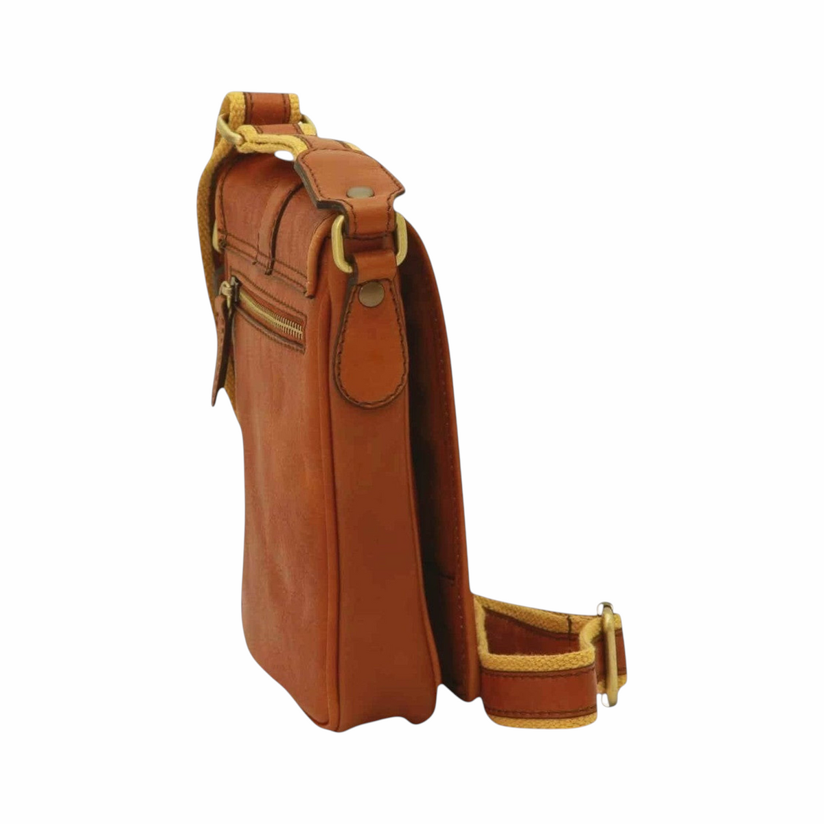 Borsa a tracolla uomo Vetrina Fiorentina in pelle di vitello conciata al vegetale color cuoio con dettagli in ottone