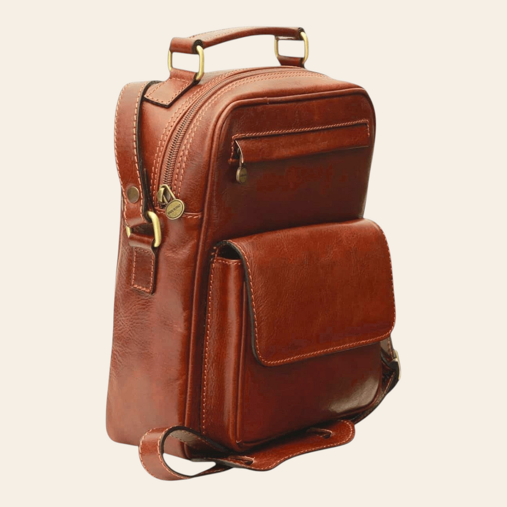 Borsa a tracolla Vetrina Fiorentina in pelle di vitello marrone con tasca frontale e dettagli artigianali