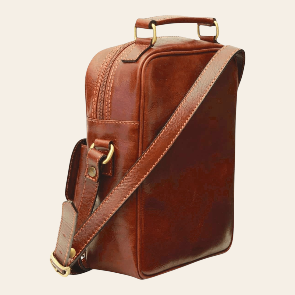Borsa a tracolla Vetrina Fiorentina in pelle di vitello marrone con manico superiore e dettagli in metallo