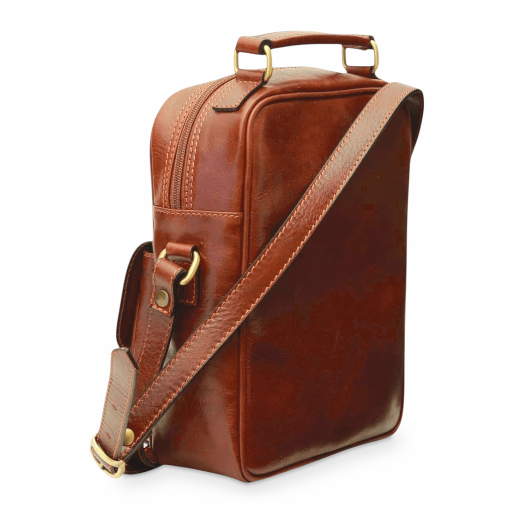 Borsa a tracolla Vetrina Fiorentina in pelle di vitello marrone con manico superiore e dettagli in metallo