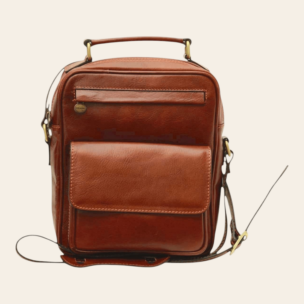 Borsa a tracolla Vetrina Fiorentina in pelle di vitello marrone con tasca frontale e manico superiore artigianale