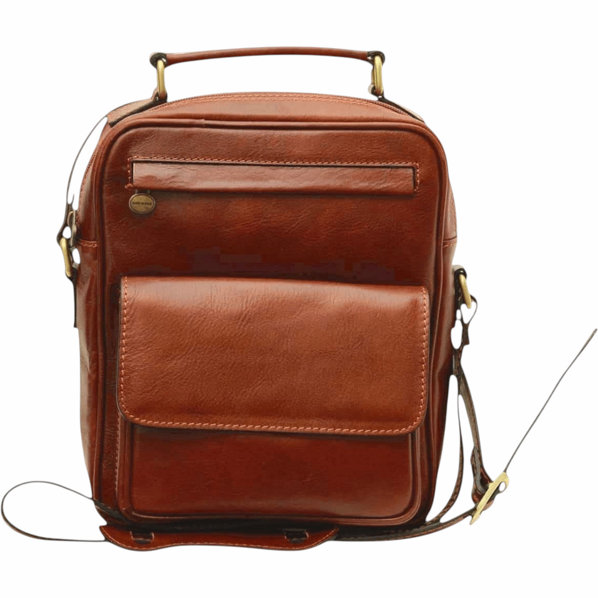 Borsa a tracolla Vetrina Fiorentina in pelle di vitello marrone con tasca frontale e manico superiore artigianale