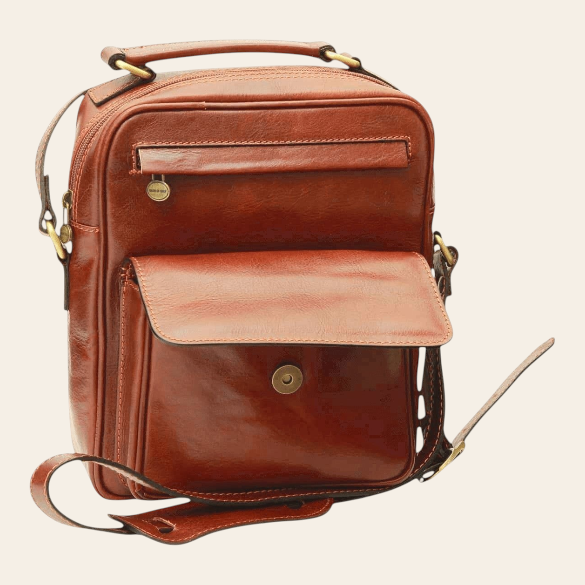 Borsa a tracolla Vetrina Fiorentina in pelle di vitello marrone con tasca frontale e chiusura a calamita
