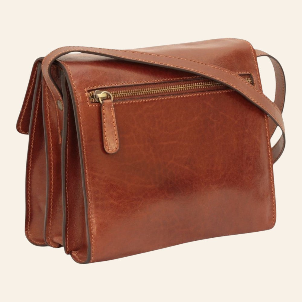 Borsa a tracolla Vetrina Fiorentina in pelle di vitello marrone pieno fiore con tasca posteriore con zip