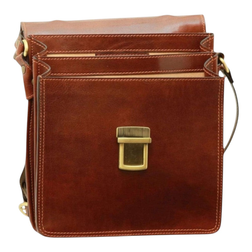 Borsa a tracolla Vetrina Fiorentina in pelle di vitello marrone pieno fiore con chiusura a clip e tracolla regolabile
