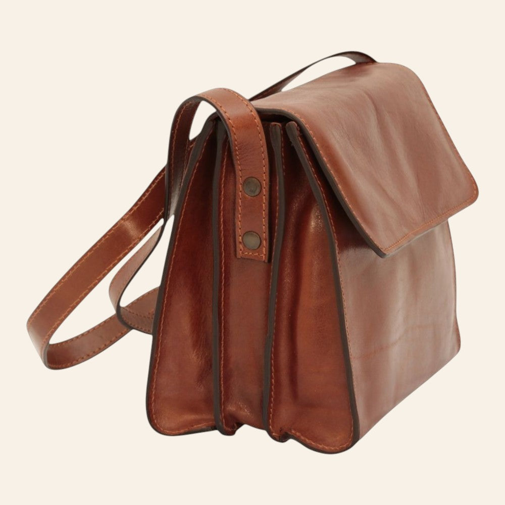 Borsa a tracolla Vetrina Fiorentina in pelle di vitello marrone pieno fiore con design artigianale a tre scomparti