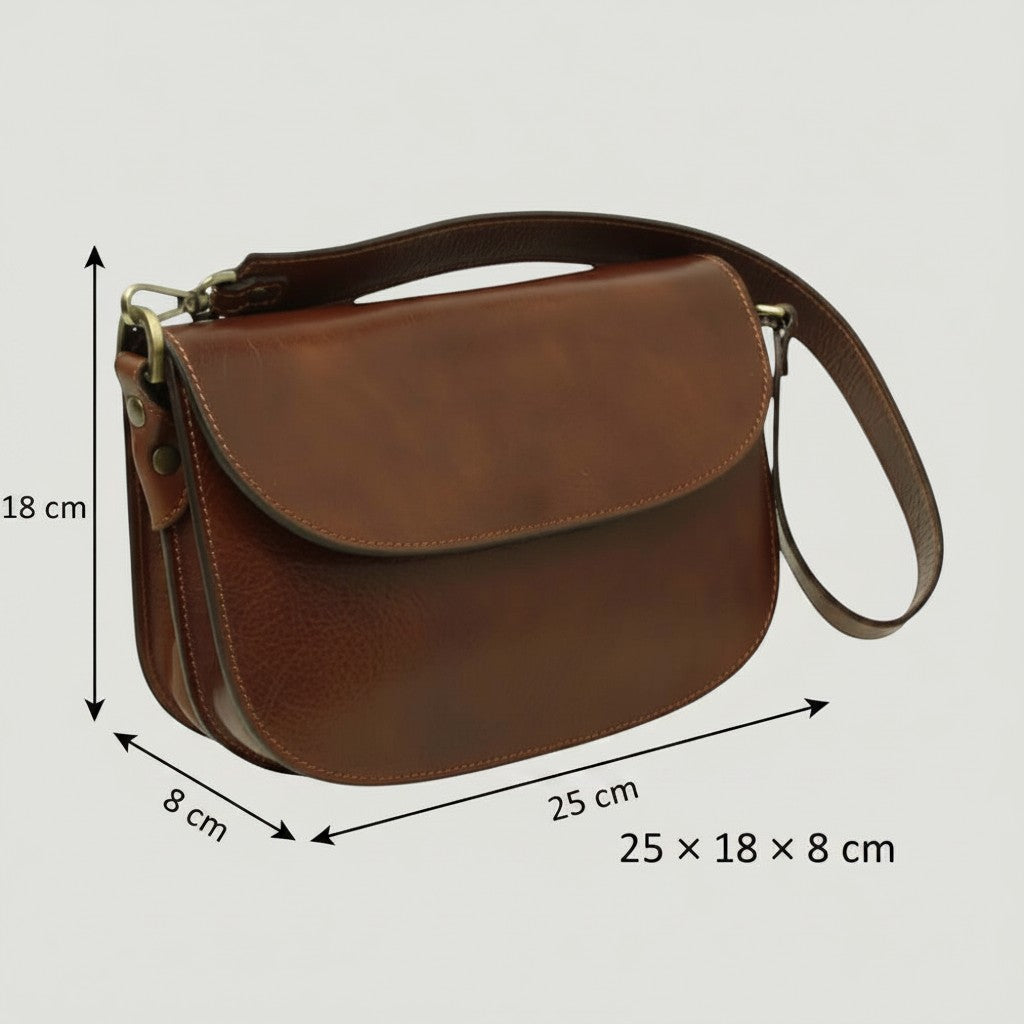 Borsa a tracolla Vetrina Fiorentina in pelle di vitello marrone con misure indicate e design artigianale italiano