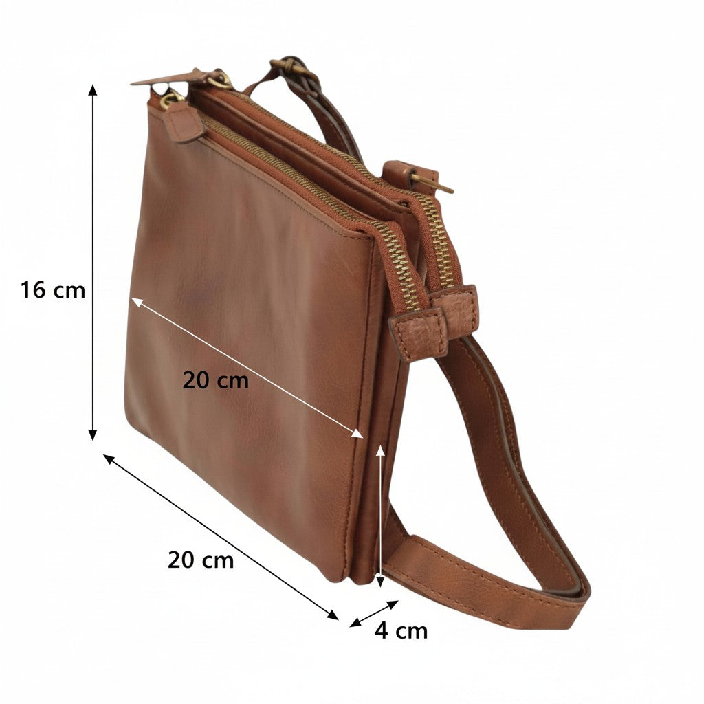 Borsa a tracolla Vetrina Fiorentina in pelle di vitello pieno fiore marrone con due scomparti e zip