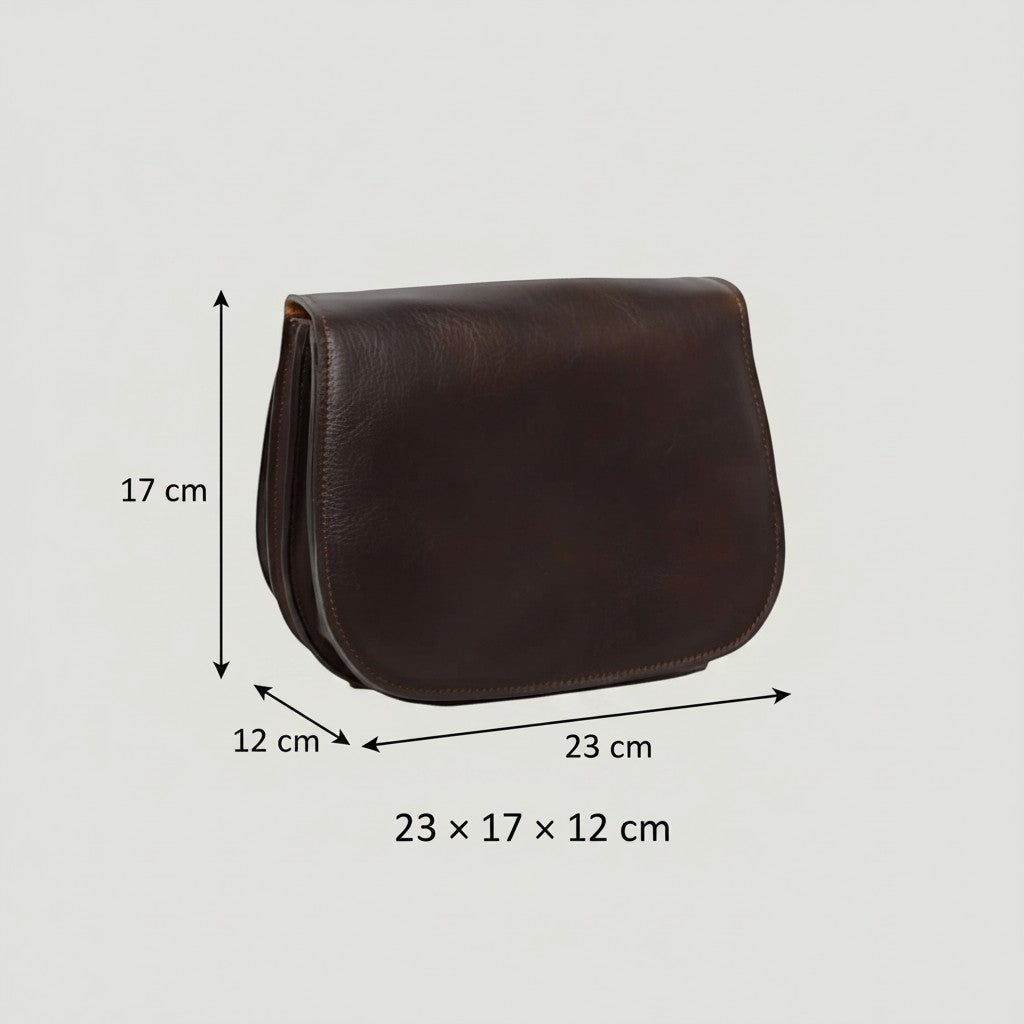Borsa a tracolla Vetrina Fiorentina in pelle testa di moro, vitello pieno fiore con indicazioni delle dimensioni.
