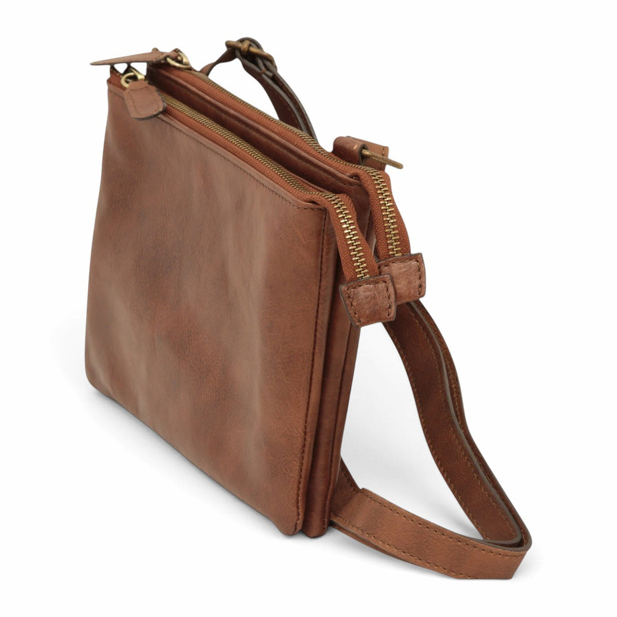 Borsa a tracolla Vetrina Fiorentina in pelle di vitello marrone con due scomparti e chiusure a zip, Made in Italy