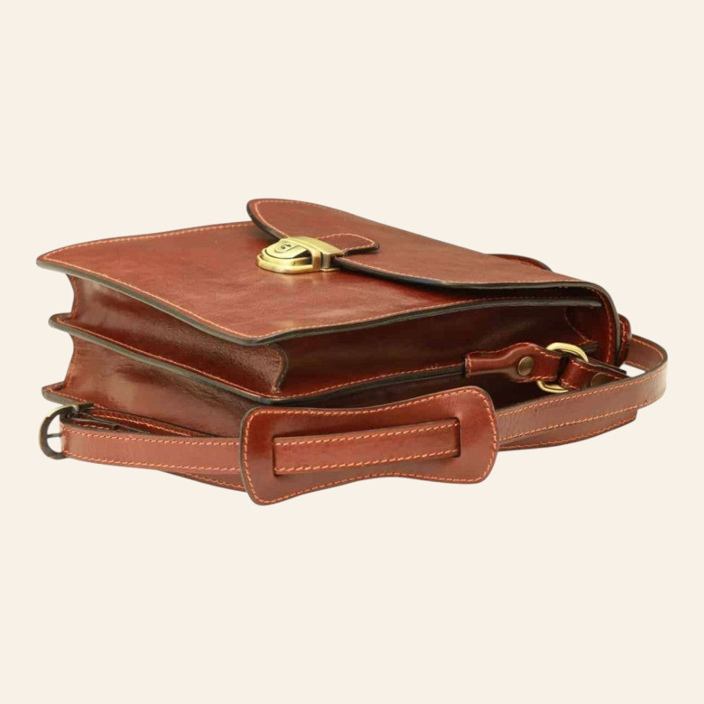 Borsa a tracolla Vetrina Fiorentina in pelle di vitello marrone con chiusura a clip e tracolla regolabile