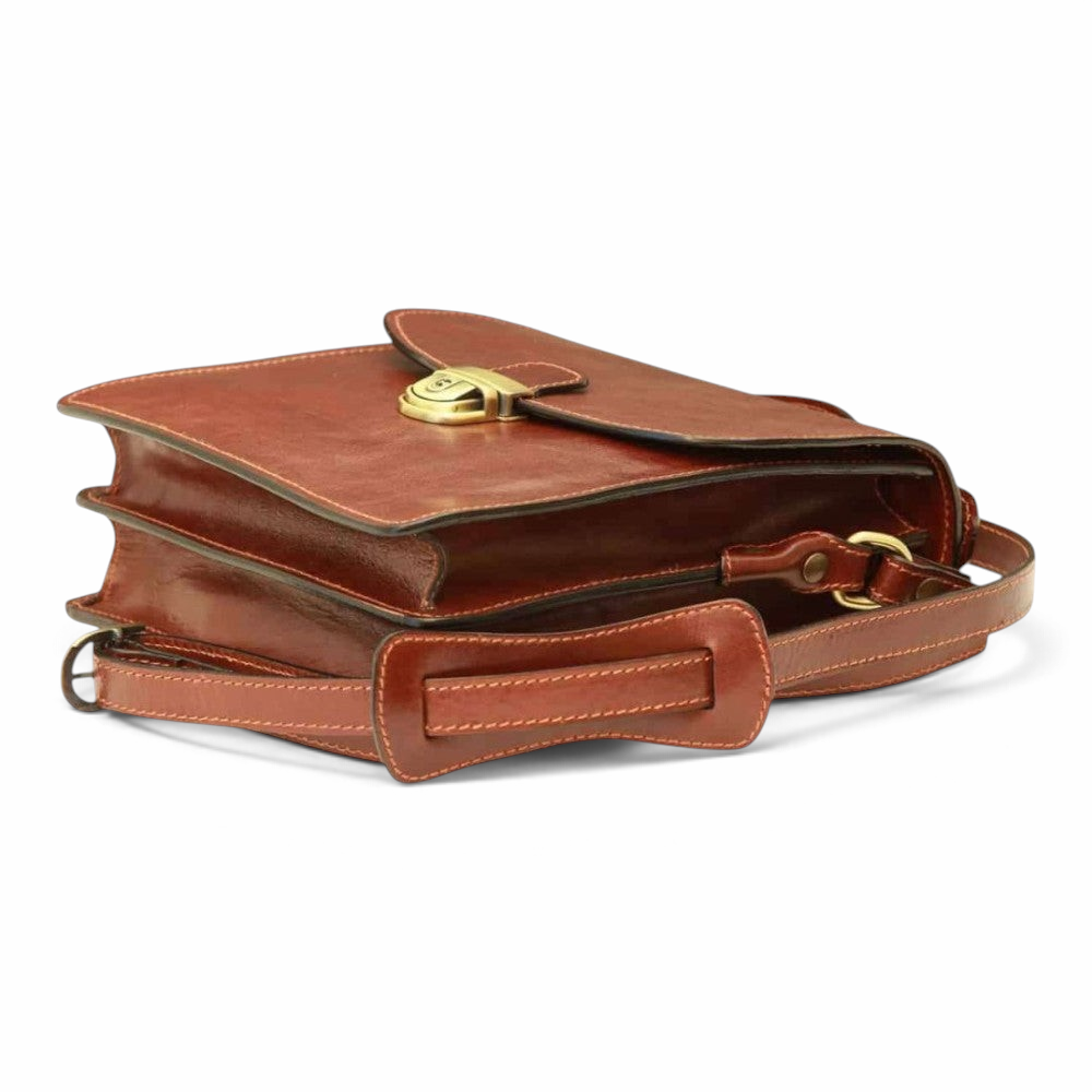 Borsa a tracolla Vetrina Fiorentina in pelle di vitello marrone con chiusura a clip e tracolla regolabile