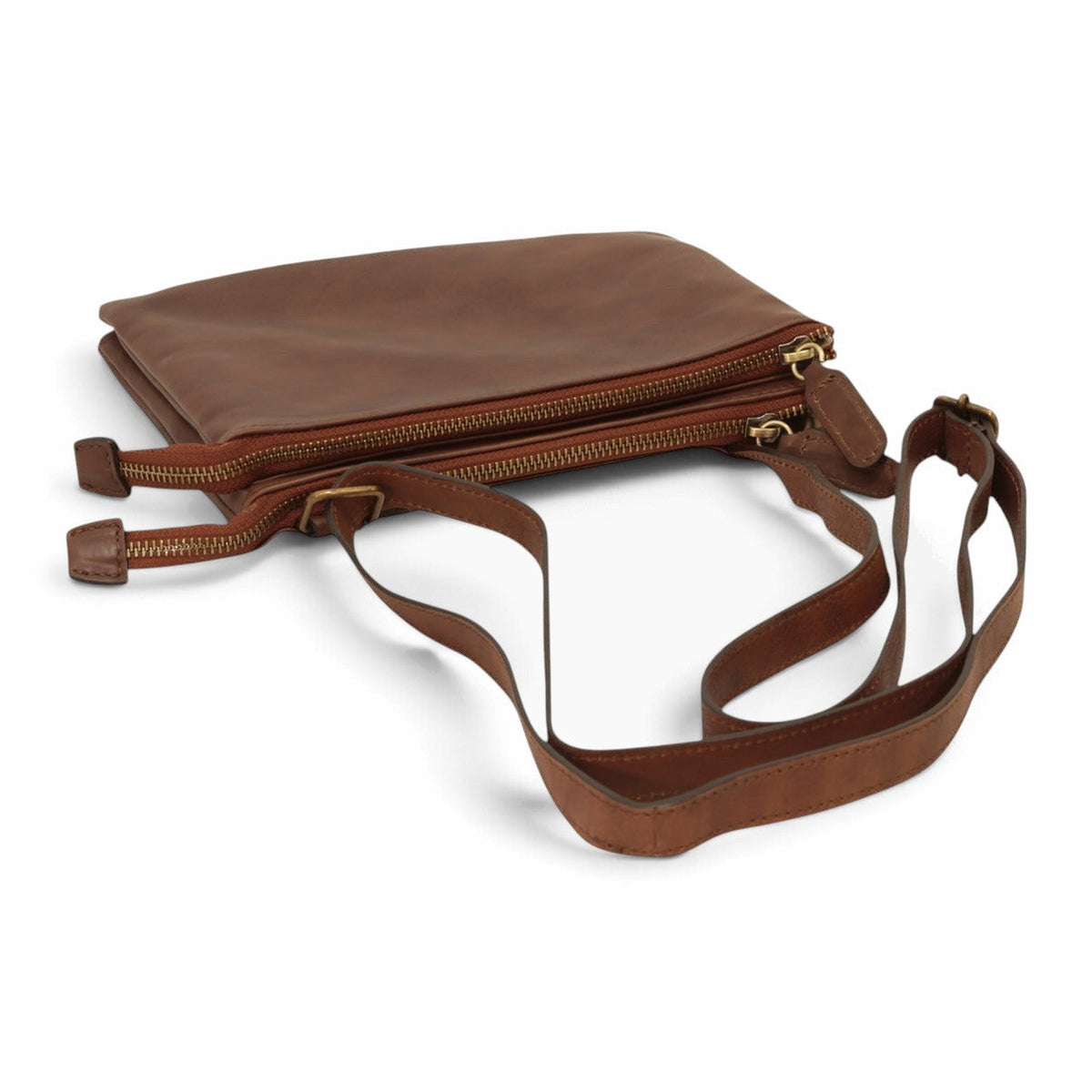 Borsa a tracolla Vetrina Fiorentina in pelle di vitello marrone con due scomparti e chiusure a zip, artigianale