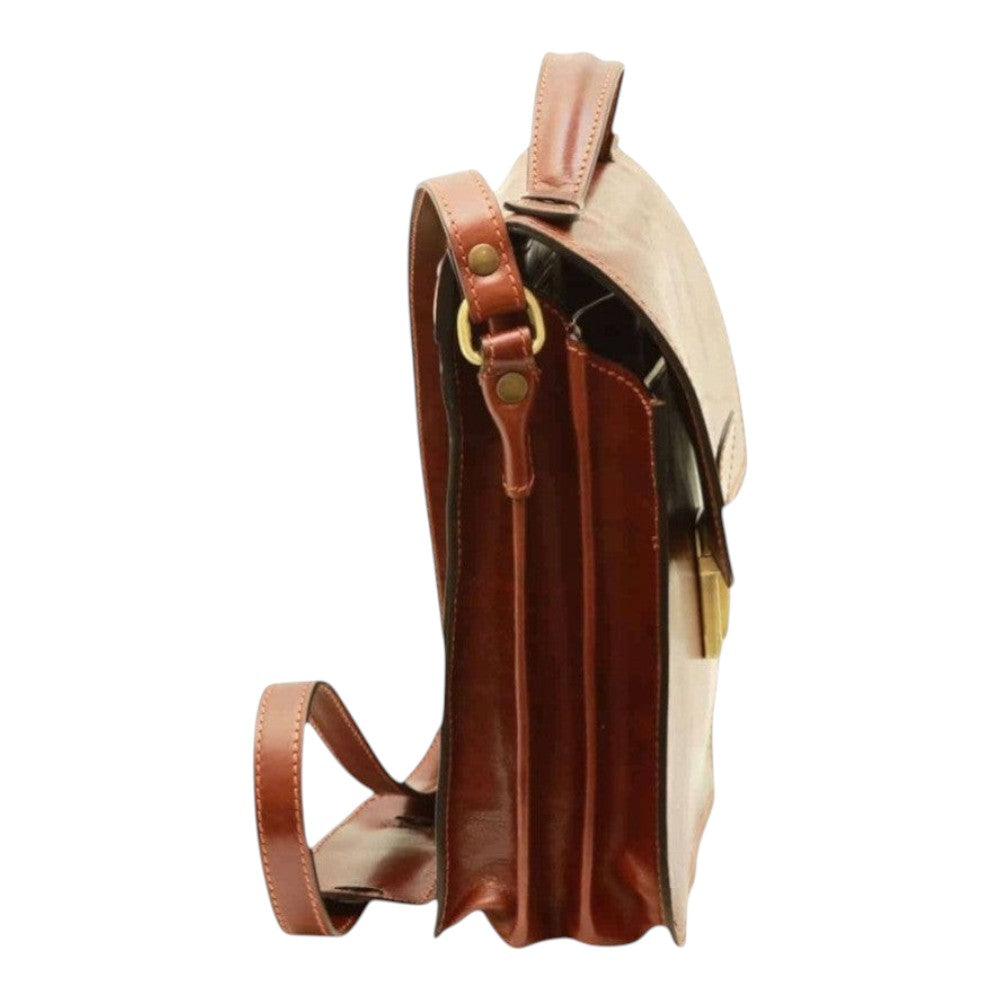 Borsa a tracolla Vetrina Fiorentina in pelle di vitello marrone pieno fiore con vista laterale e dettagli artigianali