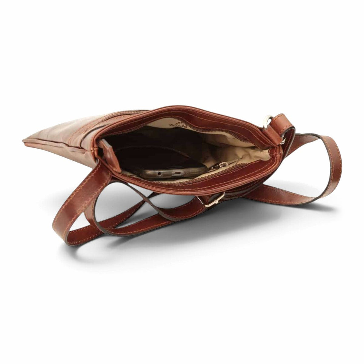 Borsa a tracolla Vetrina Fiorentina in pelle di vitello marrone con interno foderato e tasca con zip