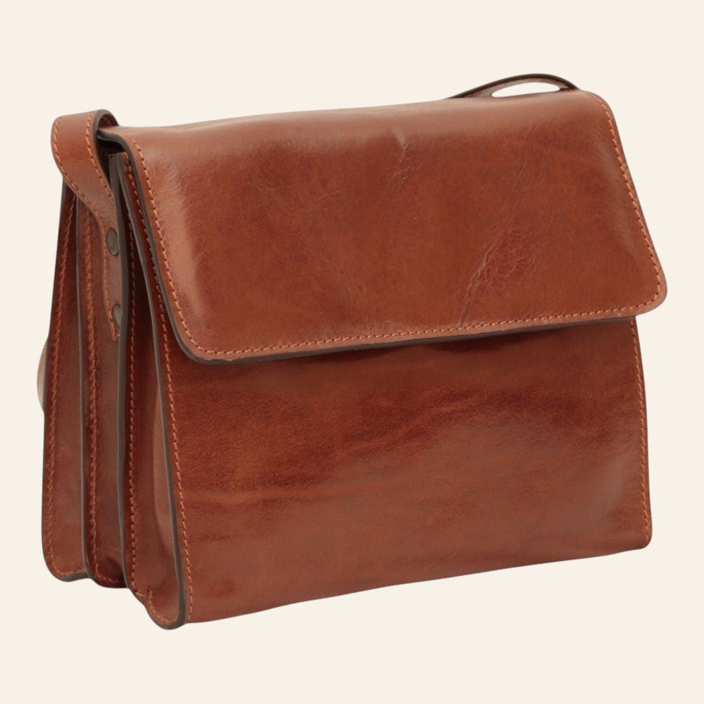 Borsa a tracolla Vetrina Fiorentina in pelle di vitello pieno fiore marrone con design artigianale a tre scomparti