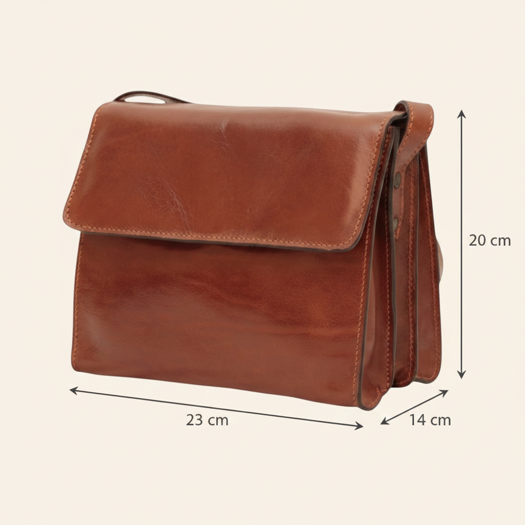 Borsa tracolla in pelle marrone con patta e tracolla regolabile, 23x20 cm