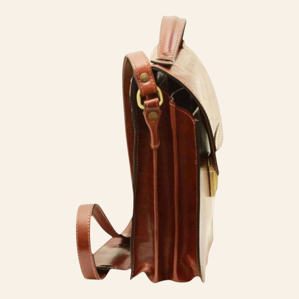 Borsa a tracolla Vetrina Fiorentina in pelle di vitello marrone con tre scomparti e tracolla regolabile, vista laterale