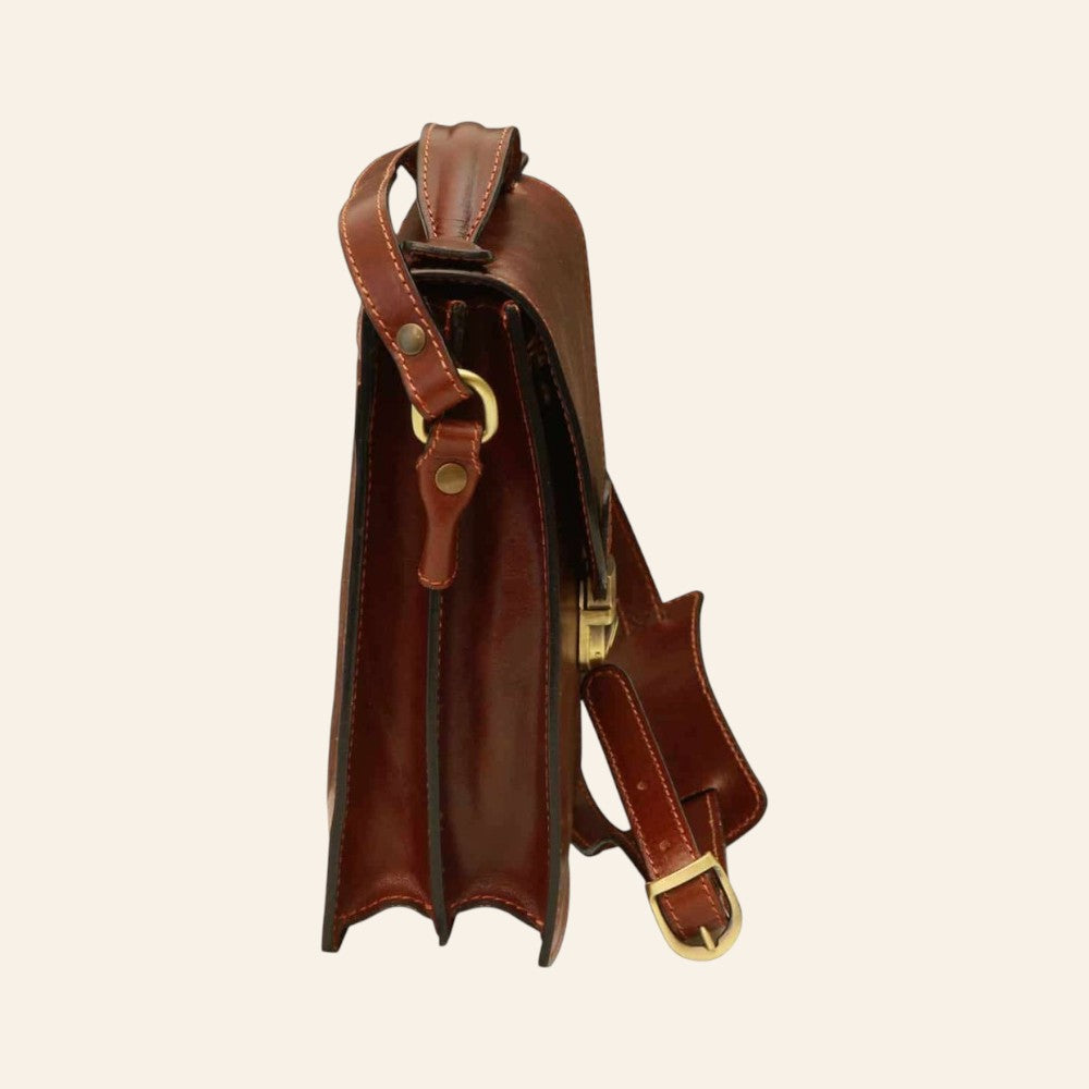 Borsa a tracolla Vetrina Fiorentina in pelle di vitello marrone con finiture artigianali e tracolla regolabile