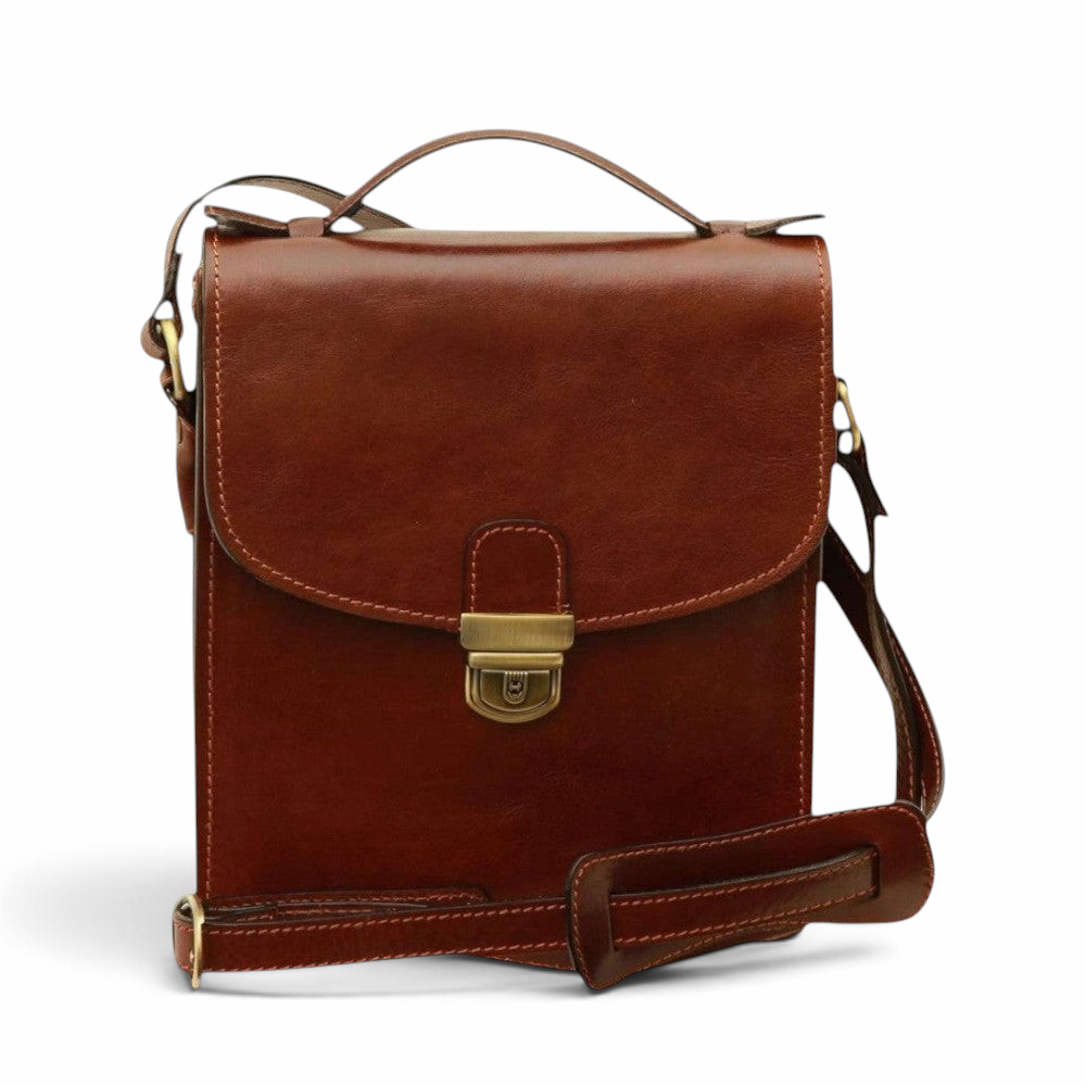 Borsa a tracolla Vetrina Fiorentina in pelle di vitello marrone artigianale con chiusura a clip e tracolla regolabile