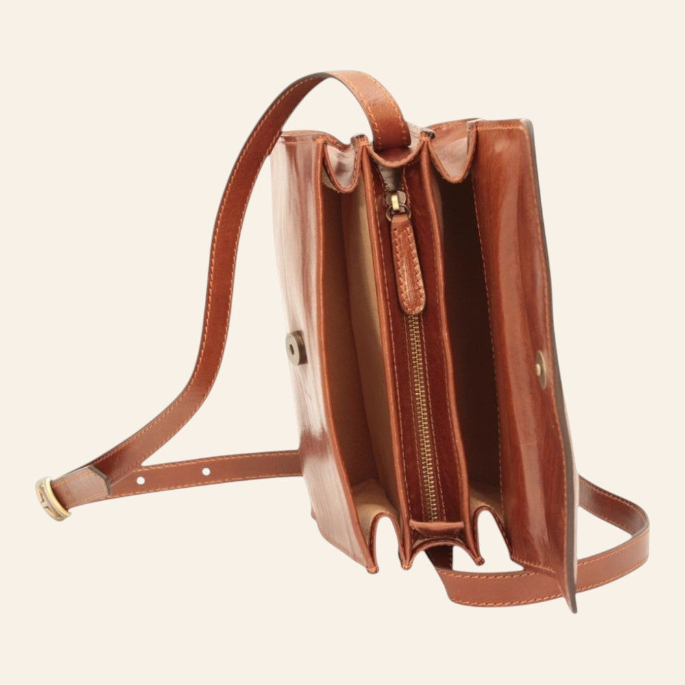 Borsa a tracolla Vetrina Fiorentina in pelle di vitello marrone con scomparti interni e chiusura a zip