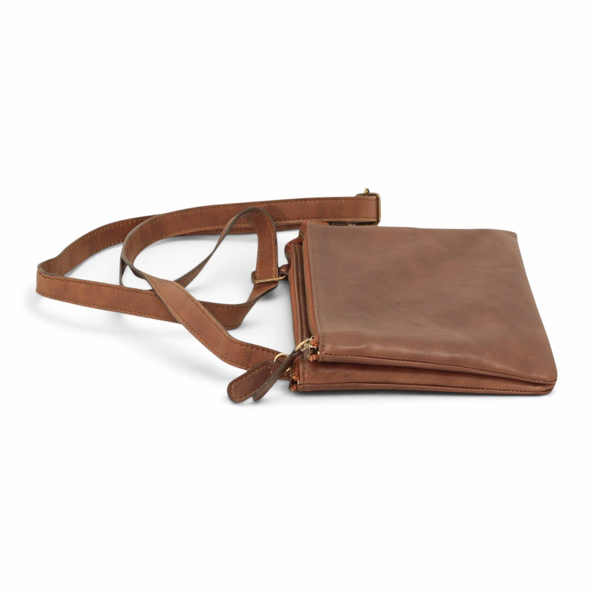 Borsa a tracolla Vetrina Fiorentina artigianale in pelle di vitello marrone con due scomparti e zip, vista laterale