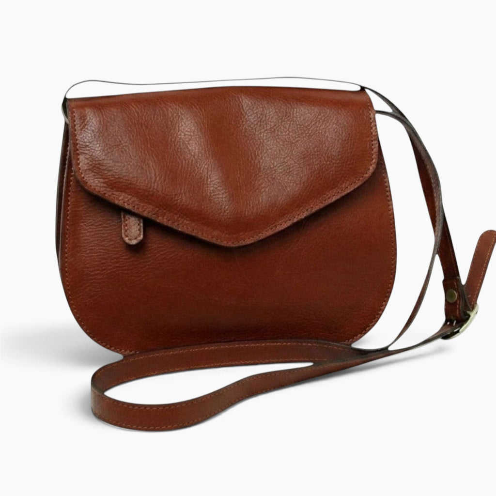 Borsa a tracolla Vetrina Fiorentina in pelle di vitello marrone pieno fiore con pattina e tracolla regolabile