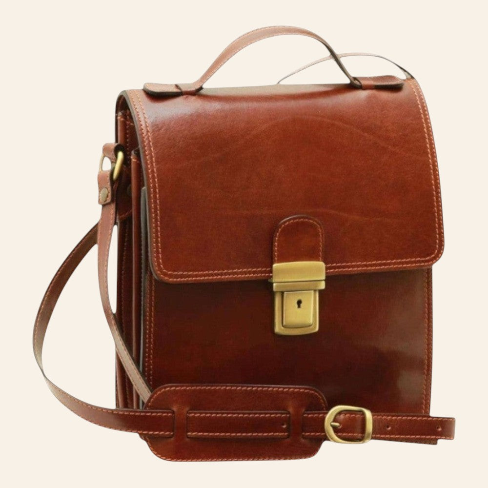 Borsa a tracolla Vetrina Fiorentina artigianale in pelle di vitello marrone con chiusura a clip e tracolla regolabile