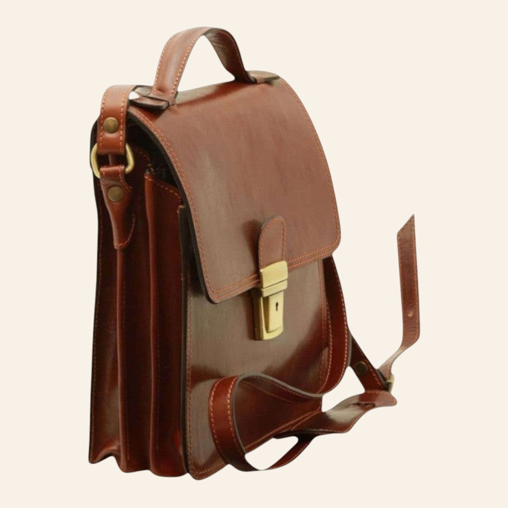 Borsa a tracolla Vetrina Fiorentina artigianale in pelle di vitello marrone con chiusura a clip e tracolla regolabile