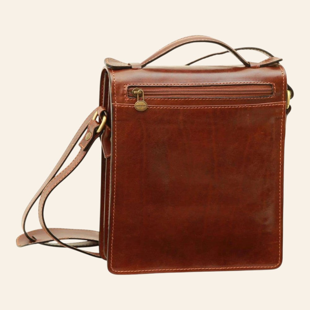 Borsa a tracolla Vetrina Fiorentina in pelle di vitello marrone artigianale con tasca posteriore con zip