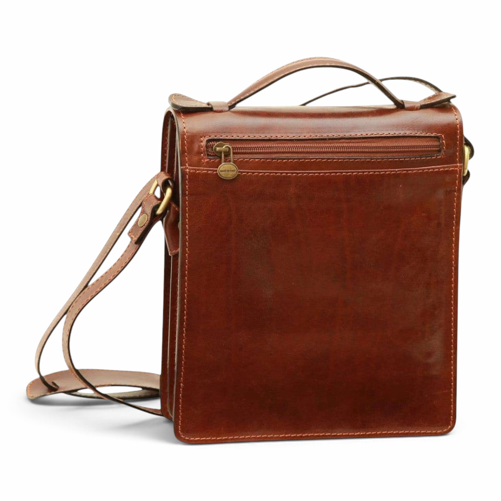 Borsa a tracolla Vetrina Fiorentina in pelle di vitello marrone artigianale con tasca posteriore con zip