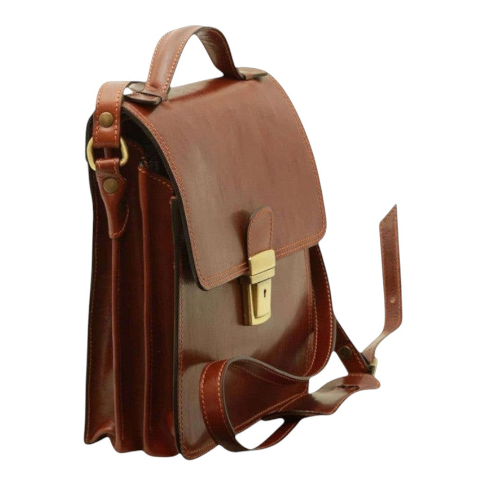 Borsa a tracolla Vetrina Fiorentina in pelle di vitello marrone artigianale con chiusura a clip e tracolla regolabile