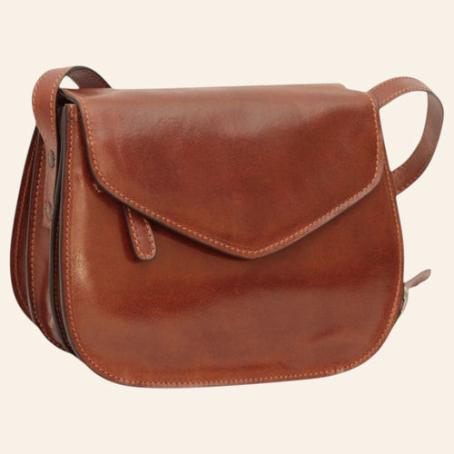 Borsa a tracolla Vetrina Fiorentina in pelle di vitello marrone pieno fiore con pattina e design artigianale italiano