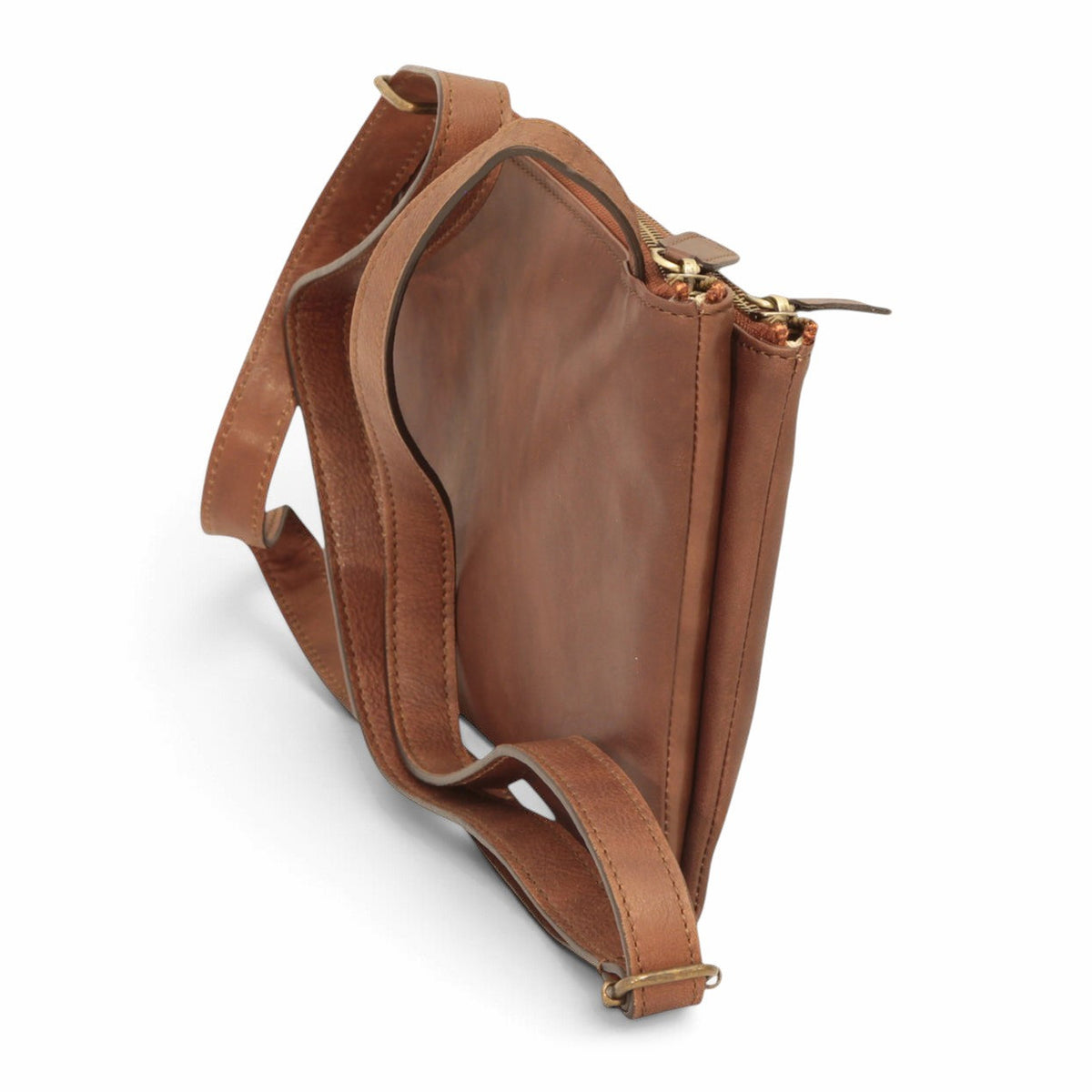Borsa a tracolla Vetrina Fiorentina in pelle di vitello marrone con due scomparti e chiusura a zip, vista laterale