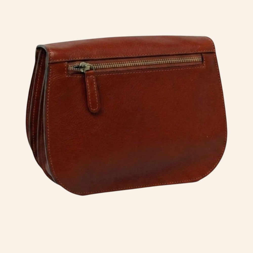Borsa a tracolla Vetrina Fiorentina in pelle di vitello marrone con tasca posteriore con zip e design artigianale