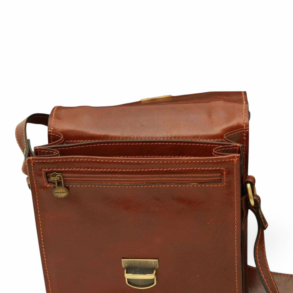 Borsa a tracolla Vetrina Fiorentina in pelle di vitello marrone con scomparti interni e chiusura a clip