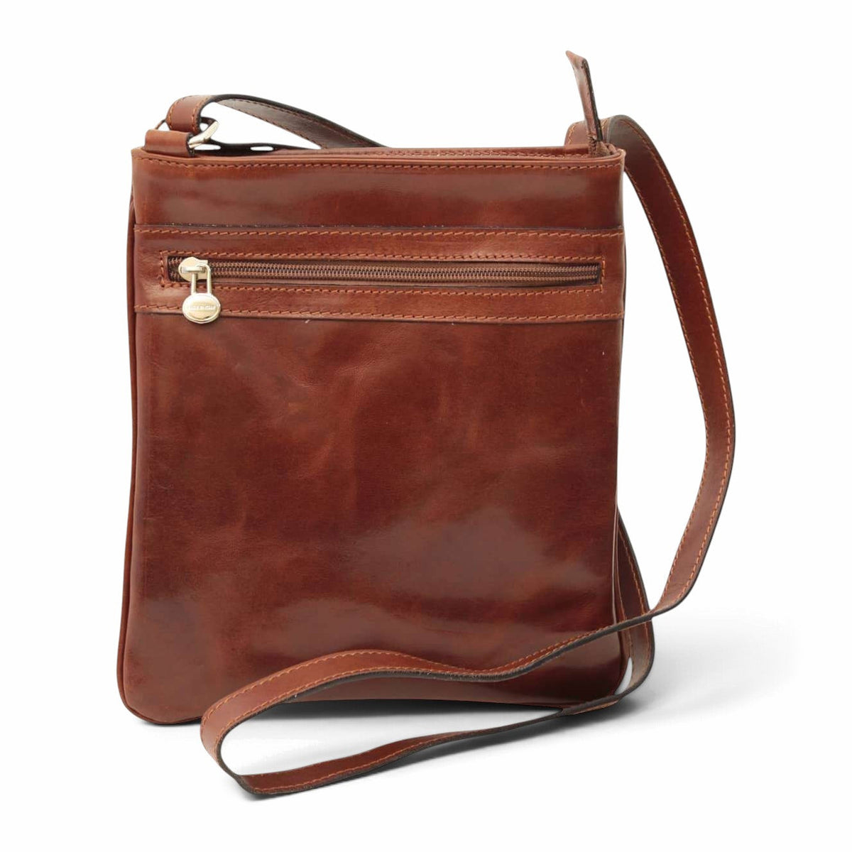 Borsa a tracolla Vetrina Fiorentina artigianale in pelle di vitello marrone con tasche con zip e tracolla regolabile
