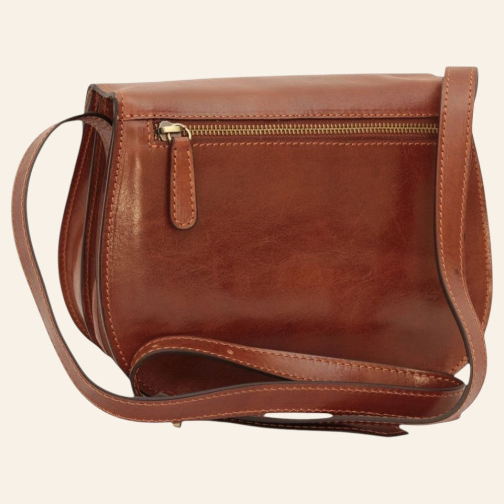 Borsa a tracolla Vetrina Fiorentina in pelle di vitello marrone con tasca posteriore con zip e tracolla regolabile