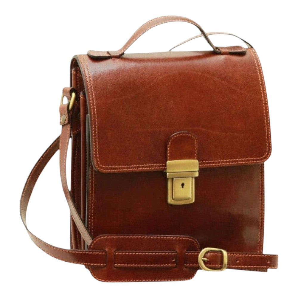 Borsa a tracolla Vetrina Fiorentina in pelle di vitello marrone con chiusura a clip e tracolla regolabile