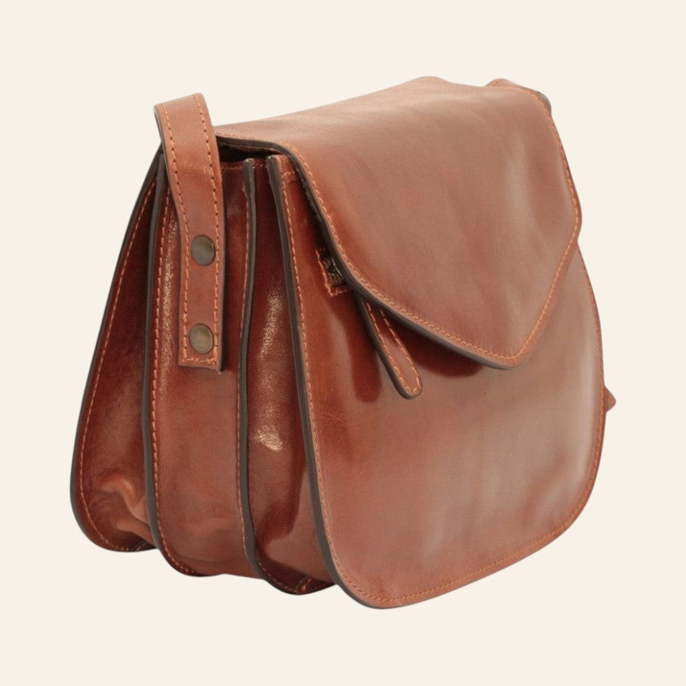 Borsa a tracolla Vetrina Fiorentina in pelle di vitello marrone pieno fiore con design artigianale a tre scomparti