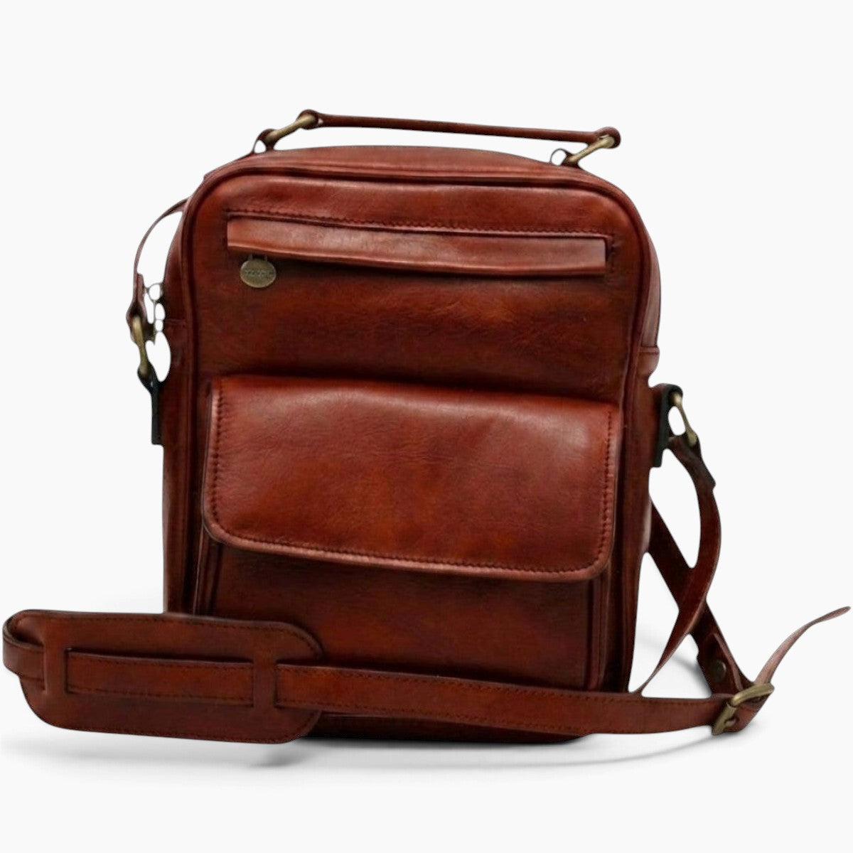 Borsa a tracolla Vetrina Fiorentina in pelle pieno fiore color mogano con tasca frontale e tracolla regolabile