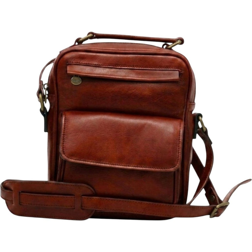 Borsa a tracolla Vetrina Fiorentina in pelle pieno fiore color mogano con tasca frontale e tracolla regolabile