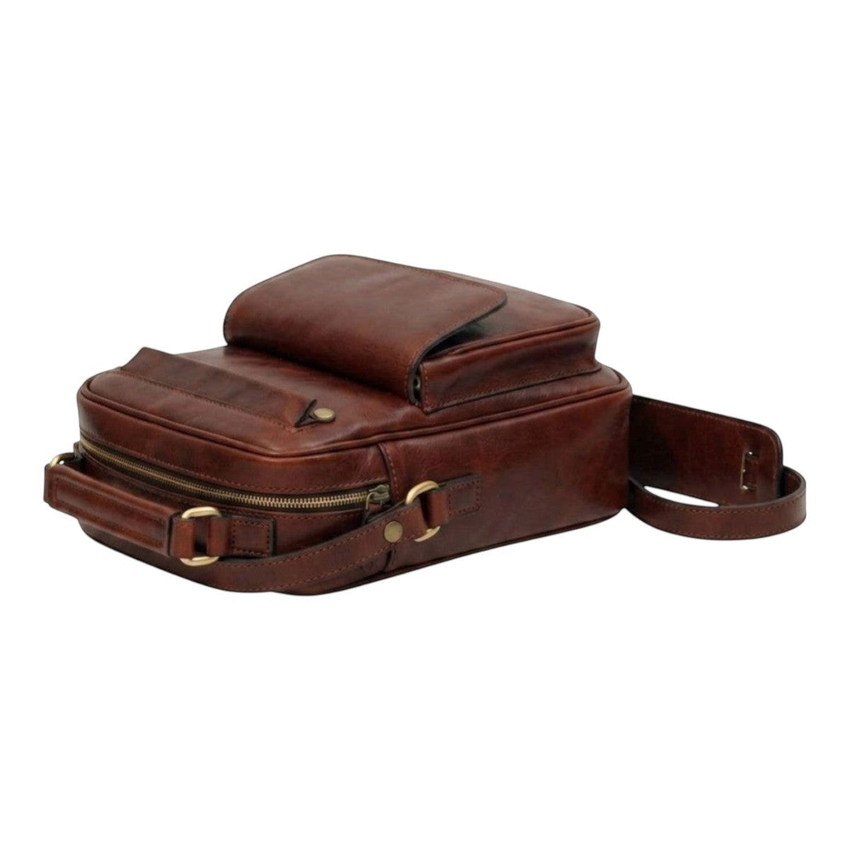 Borsa a tracolla Vetrina Fiorentina in pelle pieno fiore color mogano con tasca frontale e dettagli in metallo