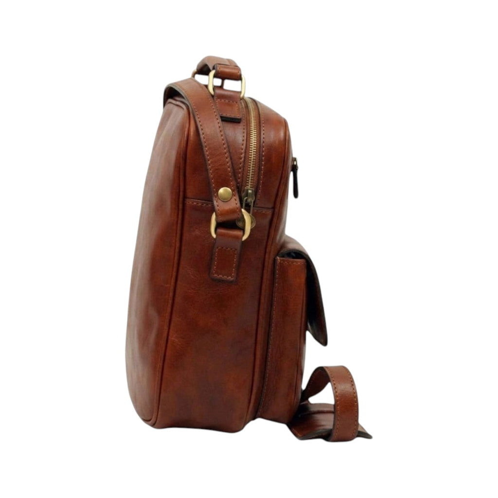 Borsa a tracolla Vetrina Fiorentina in pelle pieno fiore color mogano con tasca frontale e dettagli in metallo