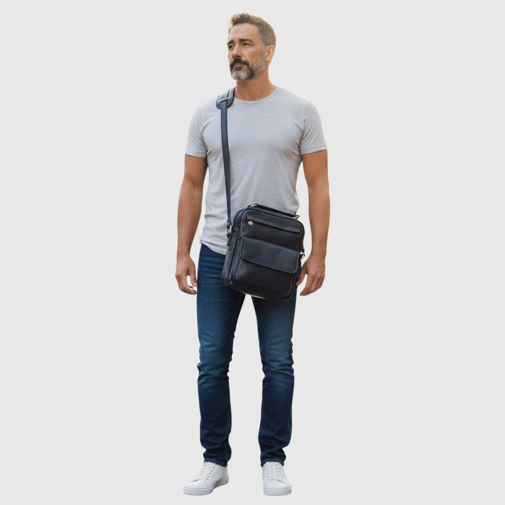 Uomo con borsa a tracolla nera in pelle Vetrina Fiorentina, design artigianale italiano con tasca frontale