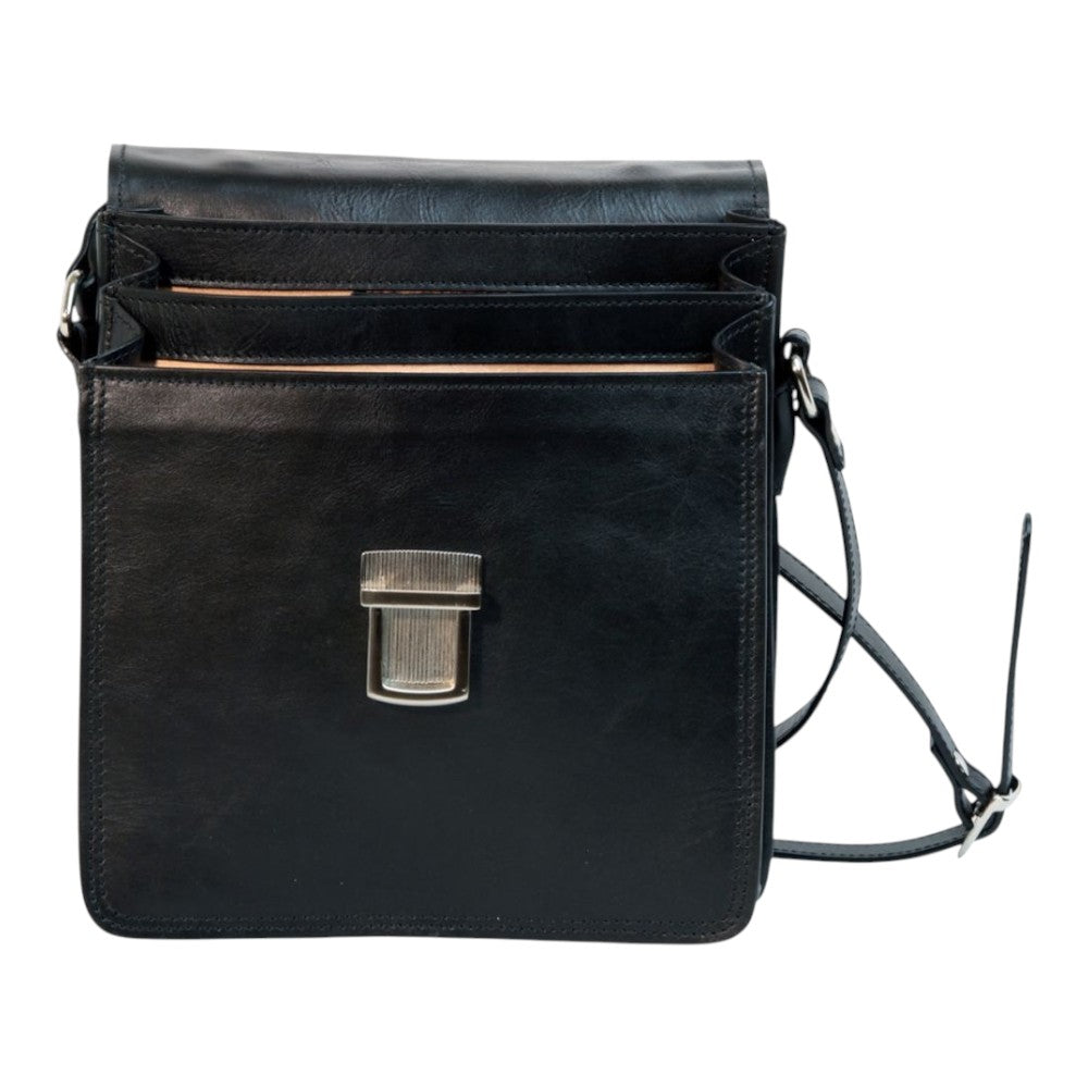 Borsa a tracolla Vetrina Fiorentina in pelle di vitello nera artigianale con chiusura a clip e tracolla regolabile